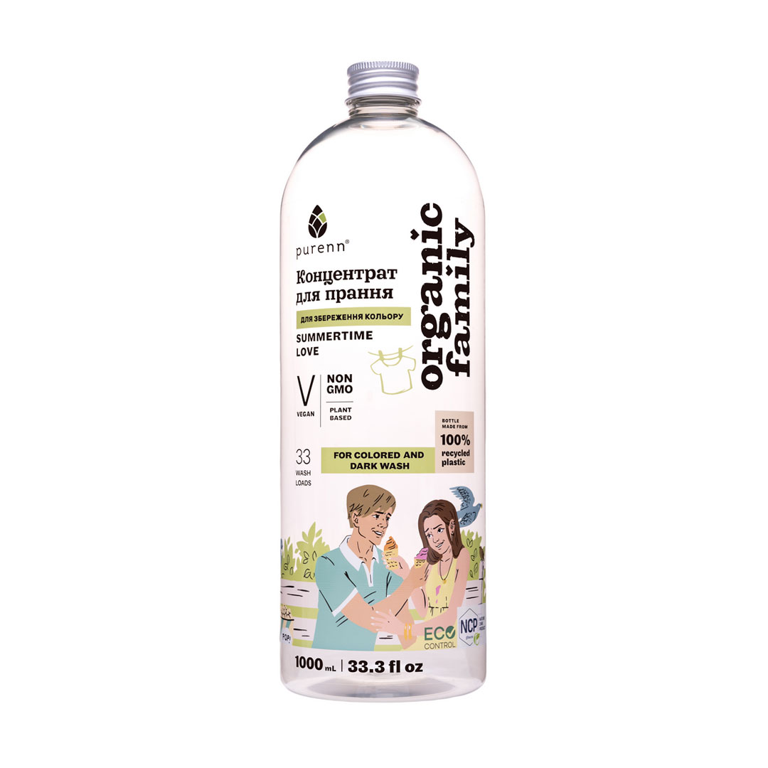 Рідкий гель-концентрат для прання Purenn Organic Family Summertime Love Календула, для кольорових та темних речей, 33 циклів прання, 1 л