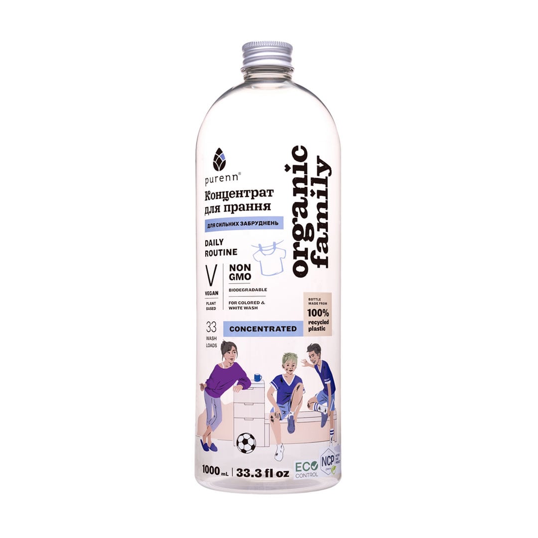 Рідкий гель-концентрат для прання Purenn Organic Family Daily Routine Малина, для кольорових та білих речей, 33 цикли прання, 1 л
